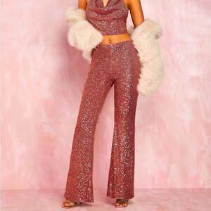 Dusty Pink Pull on Full Sequin Bell Bottom Flare Pants